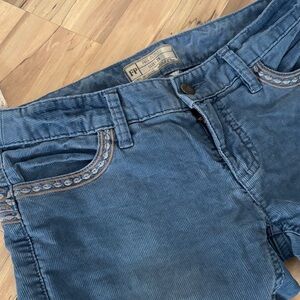 Free People High-Rise Blue Corduroy Jeans with Embroidered Pocket Trim